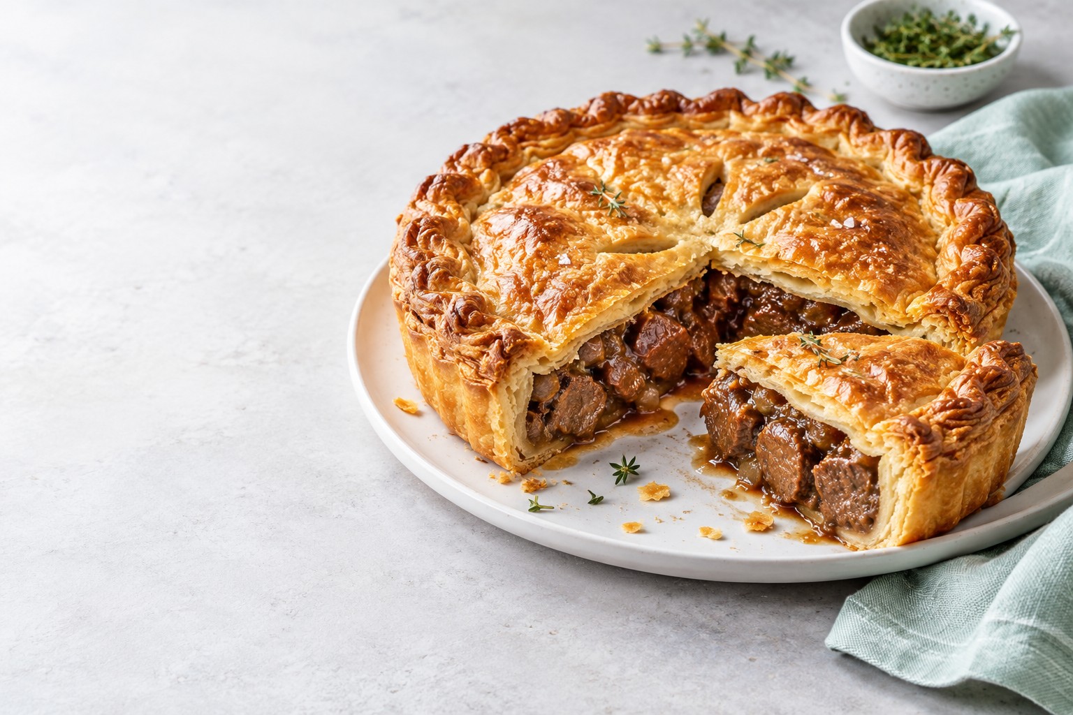 A golden savoury pie with a slice showing its filling